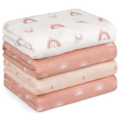 GLLQUEN BABY Muslin Swaddle Blankets 4Pk Receiving Blanket Large 35" x 40" | Soft Cotton Baby Blankets for Girls Boys Breathable Nursery Swaddles for Newborns, Baby Essentials Shower Gift, Sun