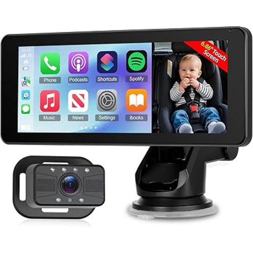 6.86 Inch Carplay Screen for Baby Monitor - 1080P Portable Car Stereo with Baby Car Camera/Wireless CarPlay/Android Auto/Night Vision/150° Wide Angle/AirPlay/GPS Navigation + 64G Card, Easy to Install