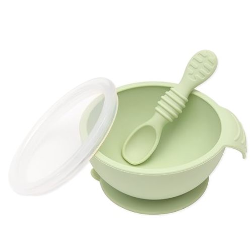 Bumkins Baby Bowl, Silicone Feeding Set with Suction for Baby and Toddler, Includes Spoon and Lid, First Feeding Set, Training Essentials for Baby Led Weaning for Babies 4 Months Up, Sage