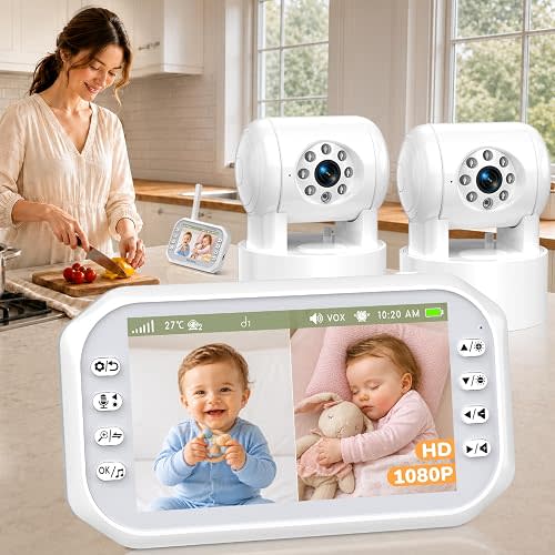 1080P Baby Monitor with 2 Cameras: HD Day & Night See 2 Kids' Faces Clearly
