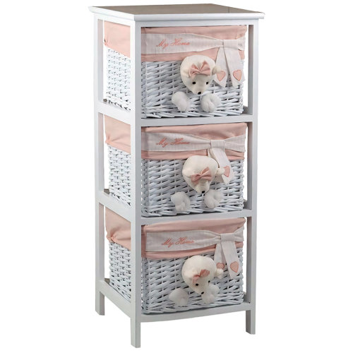 Red Barrel Studio® 3 Drawer Wooden Cabinet with Wicker Storage Baskets and White Bear Design for Home Organization & Reviews | Wayfair