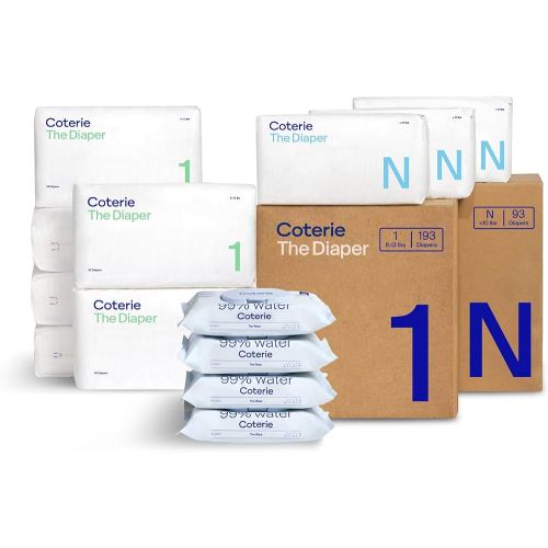Coterie Baby Wipes + Diapers Kit, Size 1 (198 Count) & Size Newborn Diapers (93 Count), 4 Pack (224) Wipes with 99% Water, Plant Based Materials, Hypoallergenic for Sensitive Skin, Baby Essentials