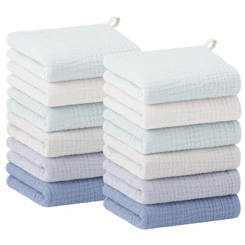 Bearmoss 12 Pack Baby Muslin Washcloths, 100% Cotton 10"x10" Face Towels | Soft Absorbent Bath Wash Cloths and Burp Cloths for Newborn Infants Kids Girls & Boys (Blue Gray)