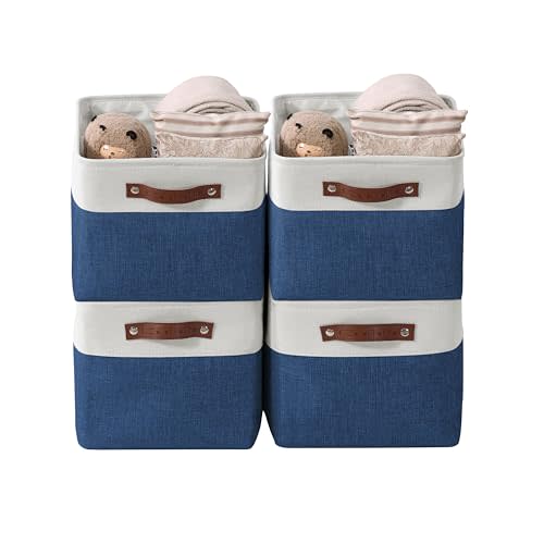 DECOMOMO Storage Baskets for Shelves - Fabric Storage Bins, Linen Closet Organizers and Storage (Navy Blue & White, Large - 4 Pack)