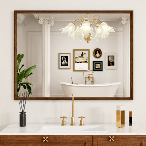 Ebern Designs Walnut Wood Grain Framed Rectangle Bathroom Mirror, Wall Mounted Vanity Mirror with 4 MM Tempered Glass & Reviews | Wayfair