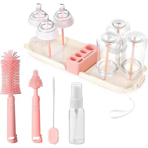 Portable Baby Bottle Brush Set - 7 in 1 Baby Bottle Cleaner Kit, Baby Travel Essential Bottle Washing Kit with Silicone Bottle Brush, Nipple Brush, Straw Brush, Drying Rack for Home and Travel (Pink)
