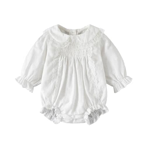 Karwuiio Newborn Baby Girl Outfits Smocked Bubble Romper Jumpsuit Long Sleeve Ruffle Lace Romper Baby Girl Fall Clothes