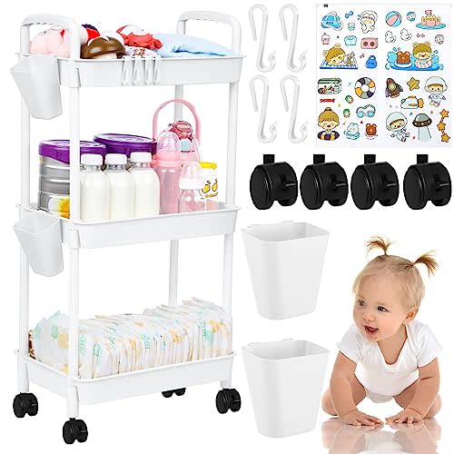 Ripeng 3 Tier Diaper Caddy Movable Baby Diaper Cart Storage Cart Newborn Essentials Caddy Organizer Mobile Shelving Unit for Baby Nursery Changing Table(White)