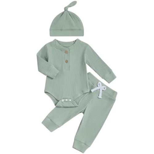 Newborn Baby Boy Clothes Long Sleeve Ribbed Bodysuit Pants Hat 3-Piece Outfit Set