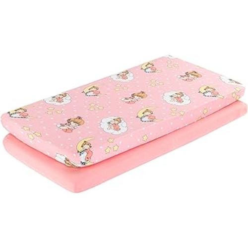 Precious Moments 2 Pack Baby Cradle Sheets - Fitted Set for Baby Girl; 100% Cotton Jersey Knit, Breathable and Soft Cradle Mattress Pad Cover; Pink, Yellow Girls Sheet and Solid Pink Sheet