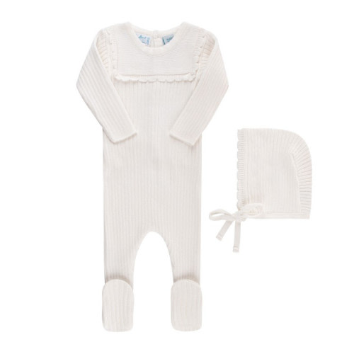 Scallop Trimmed Rib Knit Romper & Bonnet I Newborn Layette with Hat | Feltman Brothers