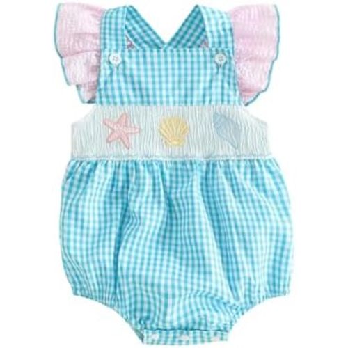 Honganda Baby Girl Summer Plaid Smocked Romper Ruffle Sleeve Shell Starfish Whale Embroidery Onesie Gingham One-Piece Outfit