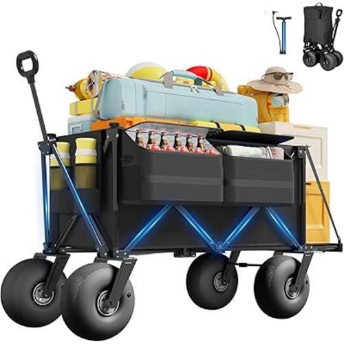 Beach Wagon with Big Wheels for Sand - 450lbs Load Heavy Duty Wagons Carts Foldable with 9" All Terrain Inflatable Tires, Collapsible Beach Cart for Grocery Shopping Garden Sports Camping Outdoor