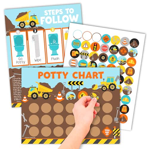 10 Potty Training Chart for Toddler Boys Sticker Reward Chart for Kids | Sticker Chart for Kids Potty Training Rewards for Boys Toilet Success, 8.5x11 Construction Potty Chart for Toddlers Boys