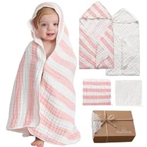 Muslin Hooded Baby Towel 4 Pack, 100% Organic Premium Cotton, (2) 6-Layer 32x32 Bath Towels & (2) Washcloths, Soft Newborn & Infant Gift Set (Pink Stripe & White)