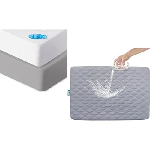 2 Pack Pack and Play Sheets Fitted and One Playard Mattress Protector Quilted Waterproof, Compatible with Graco Pack n Play & Dream On Me & Pamo Babe