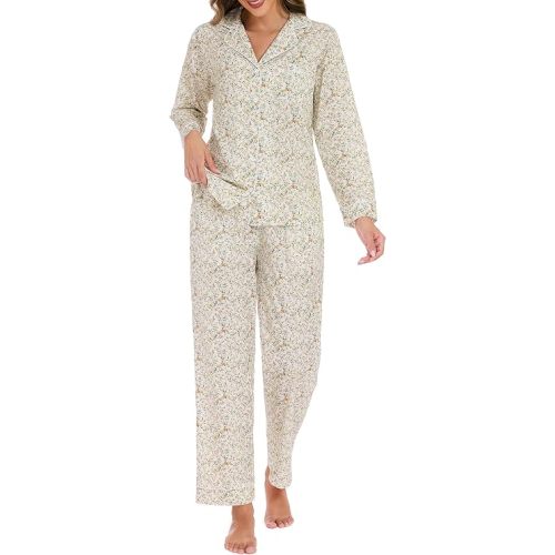 LUBOT 100% Cotton Pajamas for Women 2 Piece PJ Set Woven Poplin Ladies Button Long Sleeve Lightweight Sleepwear