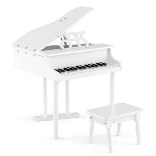 Costway 30 Key Classical Kids Piano Wooden Musical Instrument Toy w/ Stand & Stool White