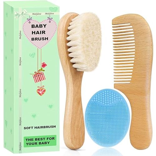 Molylove Baby Hair Brush with Wooden Handle and Comb Set for Newborns & Toddlers | Natural Soft Goat Bristles l Wood Comb l Blue Cradle Cap Brush| Ideal for Cradle Cap (3 Piece)