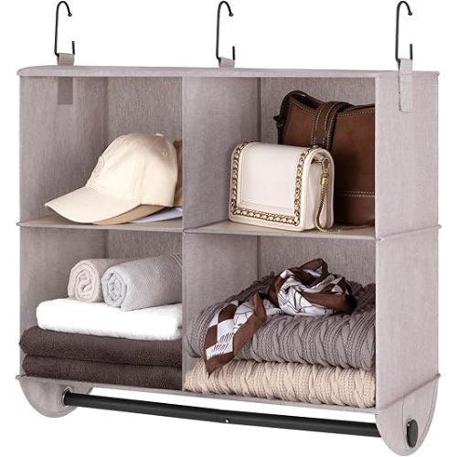 StorageWorks Hanging Closet Organizer with Metal Rod, 4-Section Closet Organizers and Storage, Collapsible Hanging Shelves for Wardrobe Organizer, Nursery, Bedroom, Light Khaki