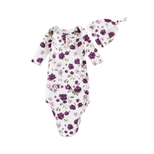 BemeyourBBs Newborn Girl Boy Knotted Gown and Hat Set Floral Long Sleeve Sleepwear Sleepsacks