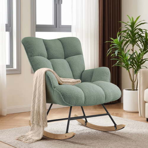 AUNEKIV Nursery Rocking Chair, Teddy Accent Armchair with High Backrest, Upholstered Glider Rocker for Living Room, Bedrooms, Playroom, Green