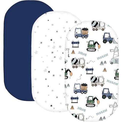 Little Grape Land Bassinet Sheets for Baby Boys Girls 3 Pack, 33"x 18" Extra Soft Microfiber Bassinet Sheet Universal for Oval Rectangle and Hourglass Bassinet Mattress(Truck)