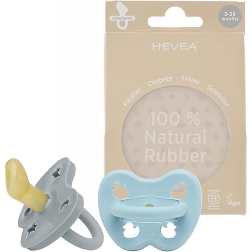 HEVEA Natural Rubber Pacifier Orthodontic 3-36 Months – Hygienic One Piece Design for Newborns to Toddlers, BPA-Free, Soft & Durable - Two-Pack (Maya Blue & Thunder Grey)