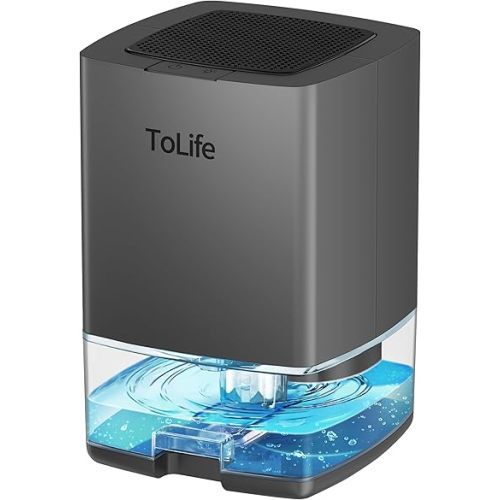 ToLife Dehumidifiers for Home 30 OZ Water Tank with Auto-Off 500 sq.ft Portable Small Dehumidifier for Bathroom Bedroom RV Closet Room 7 Colors LED Light, Gray