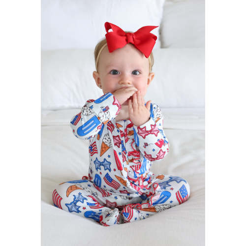 Ruffle Zipper Footie in Red, White & Cool | Caden Lane
