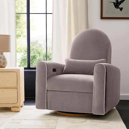 Miles Fawn Beige Velvet Nursery Power Recliner Chair with Wooden Base