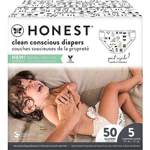 The Honest Company Clean Conscious Diapers | Plant-Based, Sustainable | Pattern Play | Club Box, Size 5 (27+ lbs), 50 Count