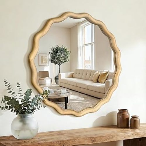 AMOISE Round Wavy Wall Mirror, 24" Circle Boho Scalloped Mirror