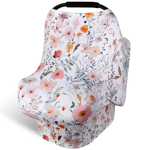 Rquite All-in-1 Car Seat Cover Baby, Carseat Covers for Girl Boy, Stretchy Soft Infant Car Seat Cover, Multi-use Baby Carrier Cover, Car Seat Canopy, Stroller Sun Shade, Nursing Breastfeeding Cover