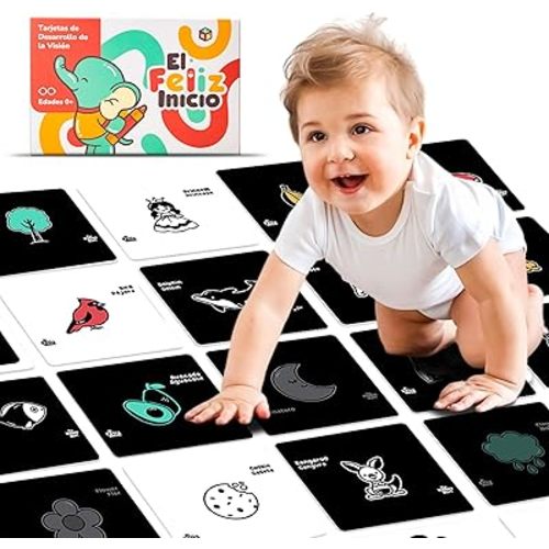 Happy Start High Contrast Baby Cards for Newborns - Black & White Cards, Water-Resistant, BPA-Free, Portable Educational Flashcards for Visual Stimulation, Award-Winning, Ages 0+ (English & Español)