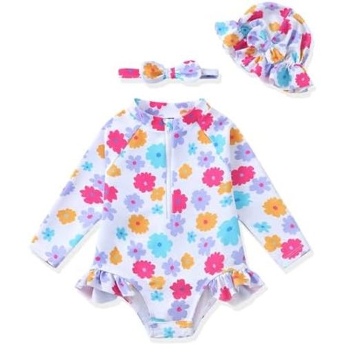 Baby Swimsuit Girl Summer One-Piece Infant Bathing Suit with Hat Long Sleeve Ruffle Zipper Rash Guard Beach Swimwear