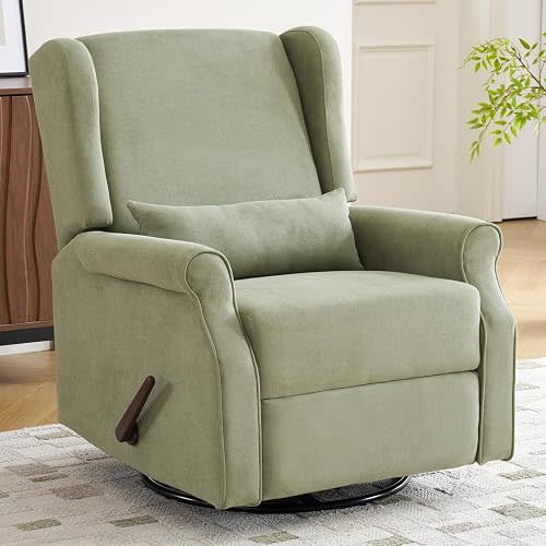360°Swivel Rocker Recliner, Nursery Rocking Chair with Lumbar Pillow,Glider Recliner Nursery Chair for Small Spaces,Living Room & Bedroom,Chenille Green