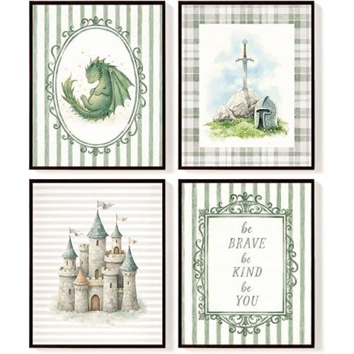 SkyCozy Boys Room Decor, Dragon Nursery Wall Art Posters Set of 4, Be Brave Be Kind Be You Knight Castle Prints, Vintage Green Fantasy Wall Decor for Baby Boy Nursery Kids Room Playroom,8x10 Unframed