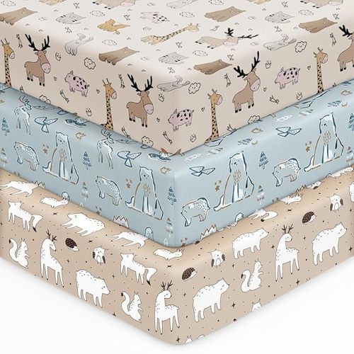 Baby Crib Sheets for Boys Girls, 28x52x8in Fitted Crib Sheet Neutral 3 Pack for Standard Crib and Toddler Mattress, Breathable Soft Microfiber Baby Sheet Blue & Apricot Bear