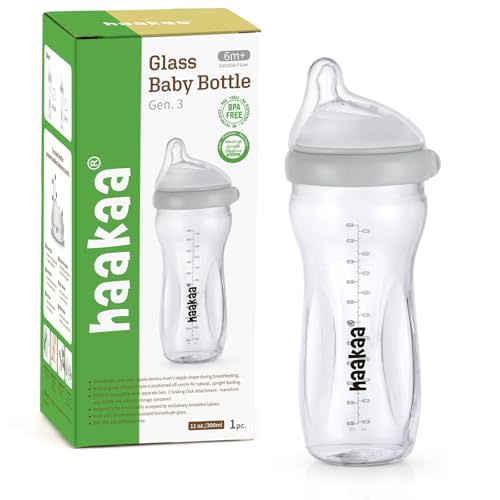 haakaa Gen.3 Natural Glass Baby Bottle 11oz - Wide Neck Anti-Colic Variable Flow Nipple,Easy to Clean & Latch for Newborn 0m+ 6m+ Breastfed Baby Toddler,BPA-Free - Grey