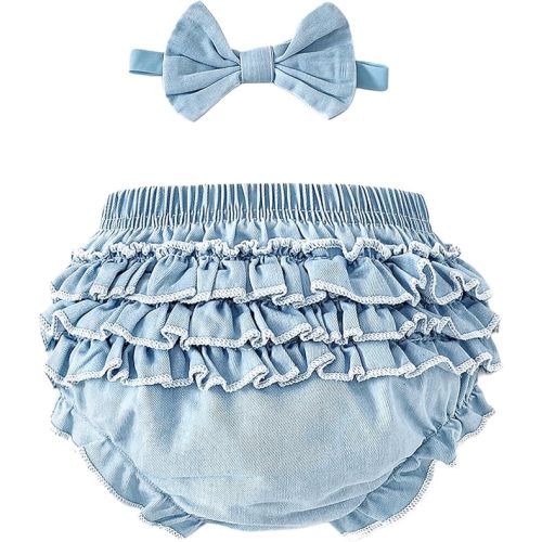 Baby Girl Denim Bloomers Ruffle Diaper Cover Shorts Headband 6M-3T