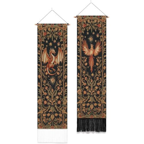 PLIGREAT 2 Pack Dragon and Phoenix Totems Wall Tapestry Vintage Aesthetic Vertical Wall Hanging for Bedroom Living Room Home Decor Long Narrow Art Tapestry with Tassels, 52" x 13"