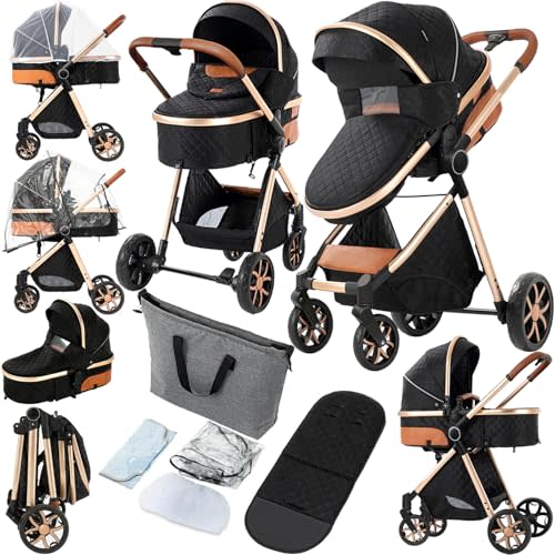 2 in 1 Baby Stroller, Convertible Pram, Reversible Standard Stroller, Portable Baby Buggy, Infant Carriage, Foldable High Landscape Pushchair for Toddler Newborn (225 Black Gold)