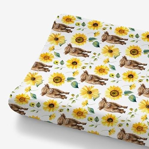 HawSkgFub Highland Cow Sunflower Changing Pad Cover for Baby Girls, Western Farm Animal Fall Flower Diaper Change Table Covers, Soft Stretchy Safe Snug Fitted Changing Mat Sheet Fit 32"/34" x 16"
