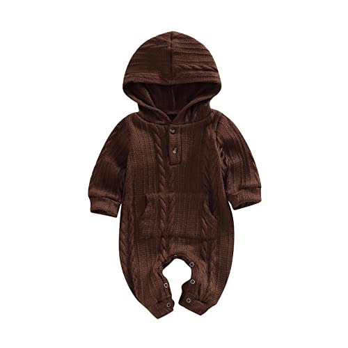 Infant Boys Girls Knit Sweater Romper Baby Toddlers Long Sleeve Hooded Button Up Winter Outfits with Pocket