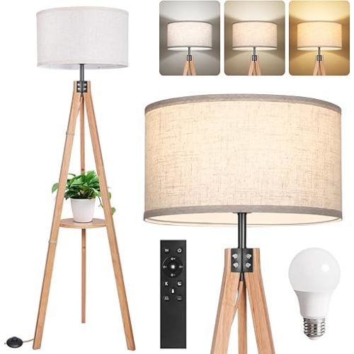 OUTON Dimmable Wood Tripod Floor Lamp with Shelves, Remote Control, Mid Century Modern Standing Lamp 58.5" for Bedroom, Living Room, and Office, Flaxen Lamp Shade Include E26 9W Bulb