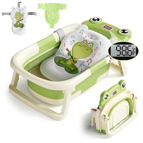 Baby Bathtub, Collapsible Newborn Bathtub for Infant to Toddler 0-36 Months with Soft Cushion+Baby Tub Sling and Thermometer, Portable Travel Bathtub, Foldable Infant Bathtub with No-Slip Feet, Green