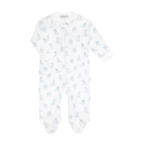 Blue Puppy Love Print Zipper Footie (Size 3-6M)