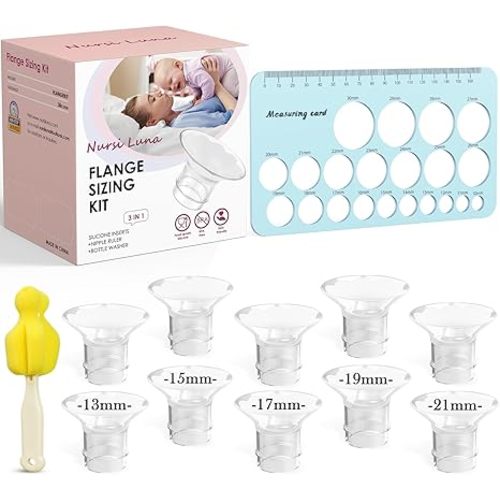Nursi Luna Flange Sizing Kit for 24mm Breast Pumps, 10PCS | 13/15/17/19/21mm Flange Inserts, Nipple Measurement Tool, Fit Electric & Manual Pumps, Soft Silicone, Comfortable Pumping