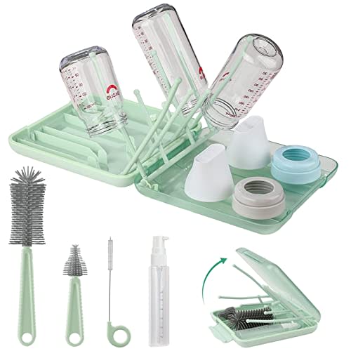 6 in 1 Bottle Cleaner Brush Set with Travel Bottle Drying Racks,360 Cleaning Baby Bottle Brush,Nipple Brush,Straw Cleaner Brush,Soap Dispenser & Organizer Case,Baby Essentials for Home&Travel(Green)